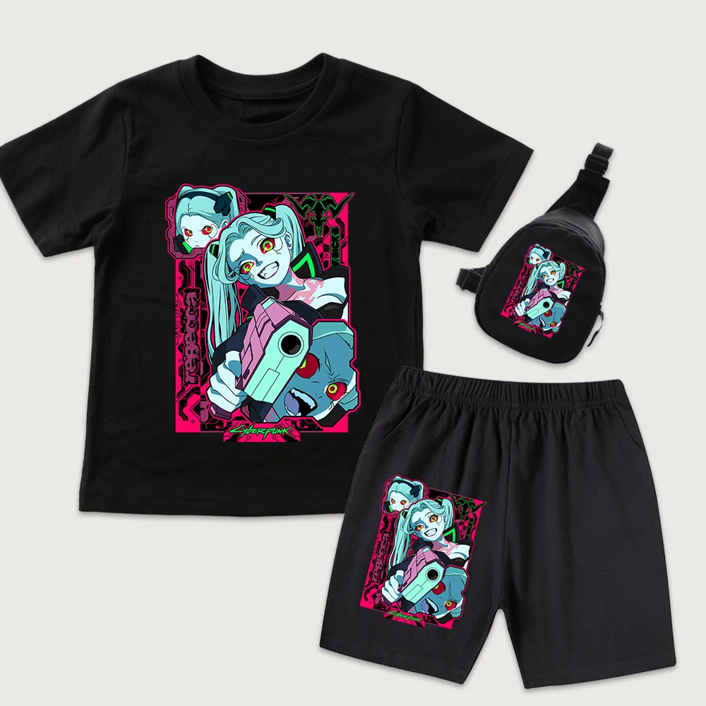 Kids Cyberpunk Rebecca Anime Print Cotton T Shirt Shorts Mini Chest Bag 3 Piece Set for Boys Girls Casual Summer Outfit