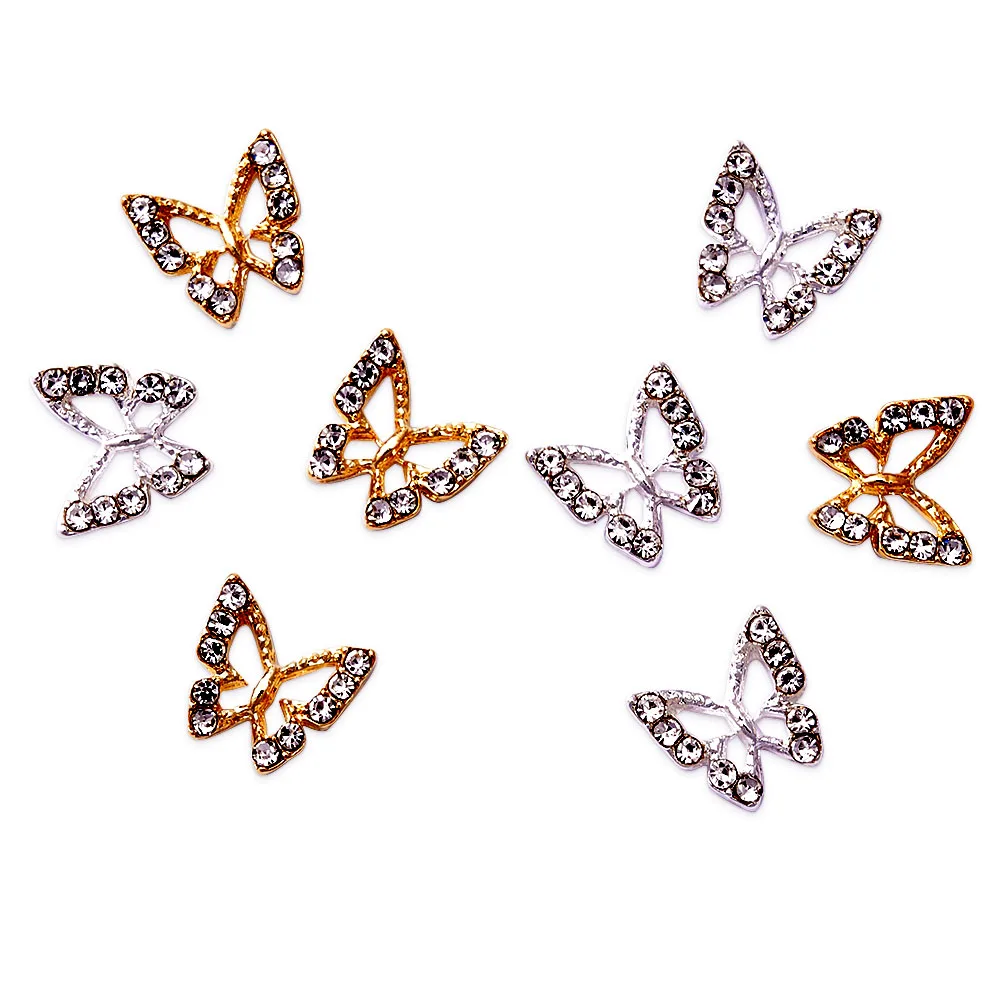 10 個 3D 合金中空蝶ネイルアートチャームゴールド/シルバーグリッターダイヤモンド羽蝶ラインストーン高級マニキュアパーツ