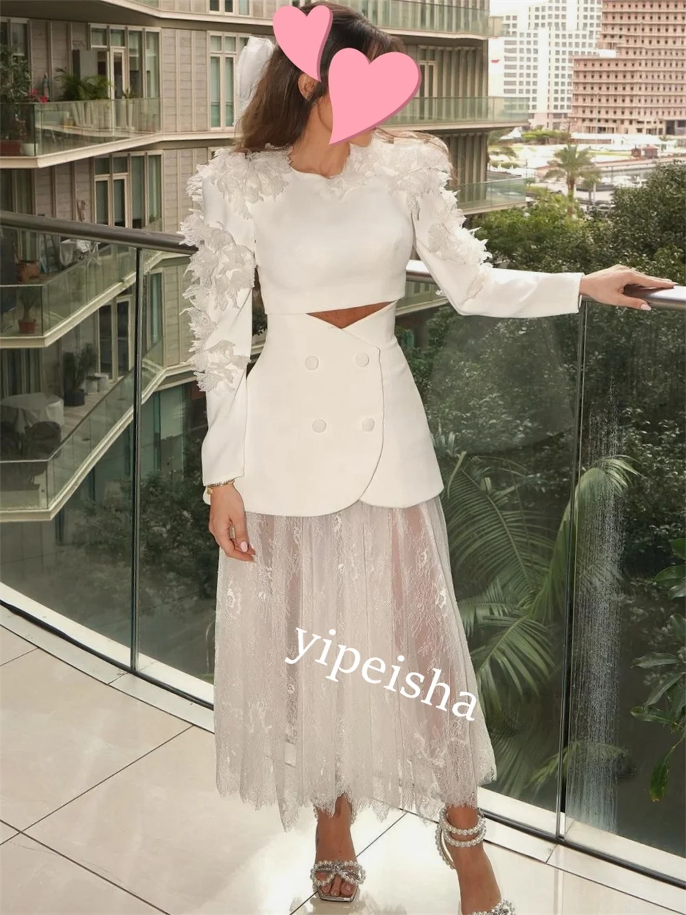 Customized     Tulle Button Applique A-line O-Neck Bespoke Occasion Gown Midi es Saudi Arabia