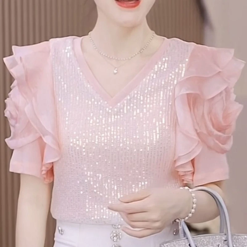 2024 Summer New Trendy Style Sparkling Sequin Top French Versatile Loose Slimming Short Sleeved T-shirt Women\'s Summer Korean Ed