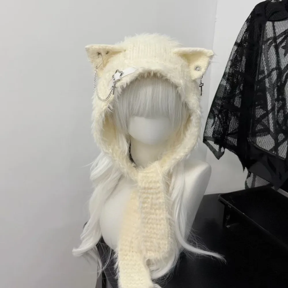

Harajuku Japanese Cat Ear Hat with Scarf Cross Chain Leather Five-pointed Star Woolen Hats Buckle Women Y2K Punk Knitted Caps