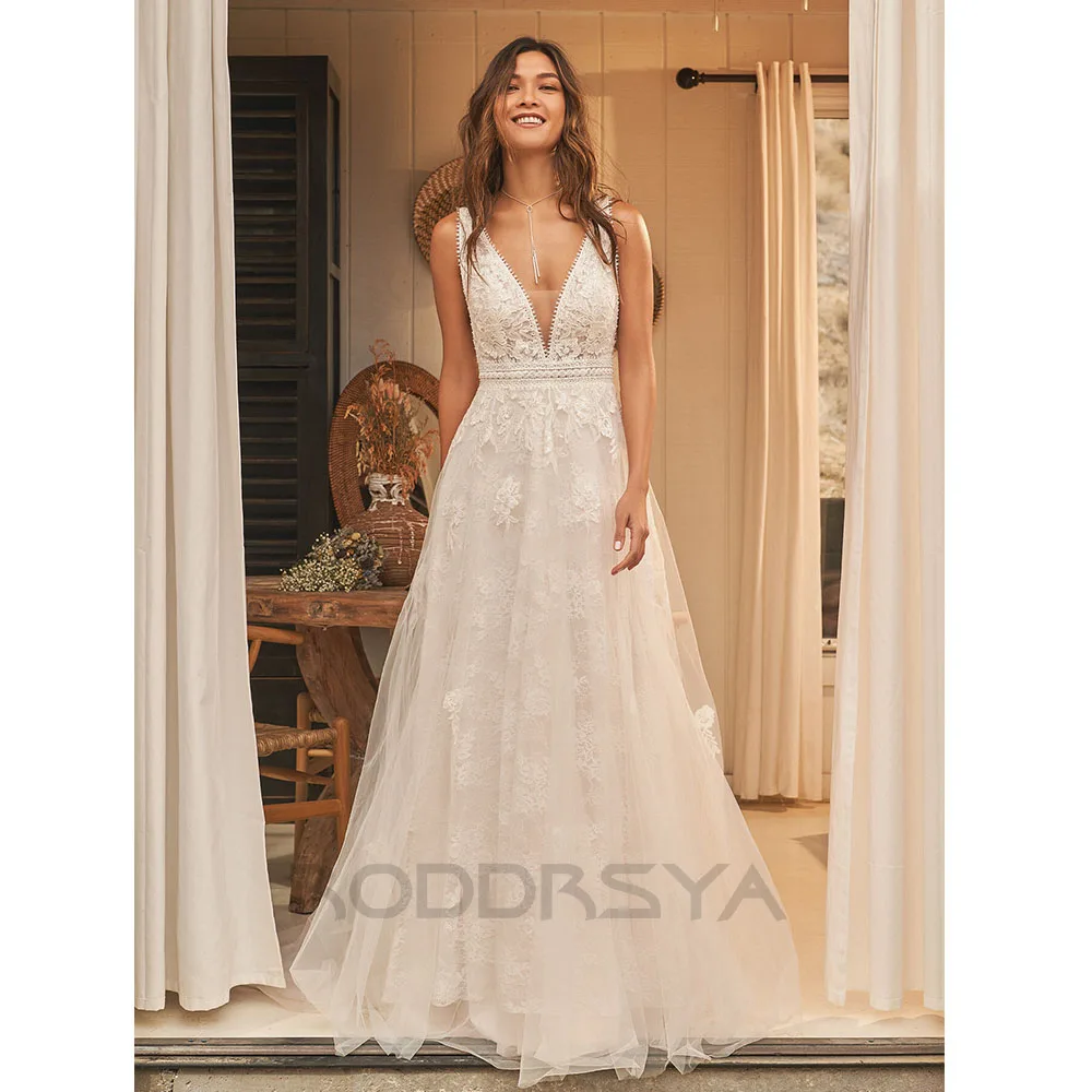 RODDRSYA Boho Elegante Hochzeit Kleider Für Frauen 2023 V-ausschnitt Appliques Spitze Backless Mit Taste Vestidos De Novia Maß