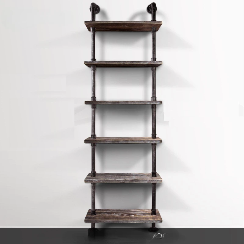 

Modern wood ladder wall shelf 6 layer pipe design bookshelf