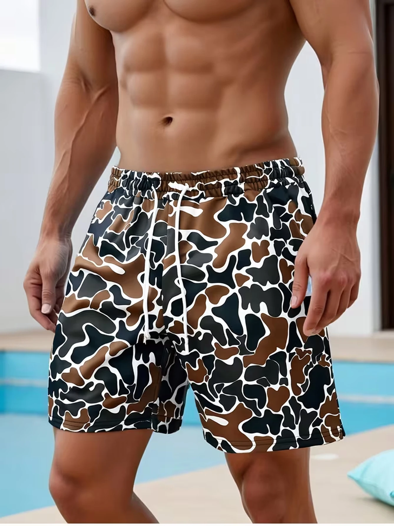 2026 New Men Quick Dry Beach Shorts Brown Black White Camo Print Swim Trunks Elastic Drawstring Mesh Lining Casual Surf Board Sh
