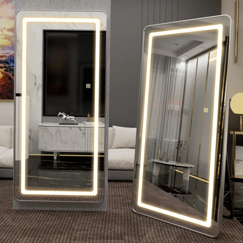 

LED Full Body Mirror, Free Standing Mirror, Wall Mounted Hanging Mirror for Bedroom, Aluminum Frame, Dimming & 3 Color Lighting