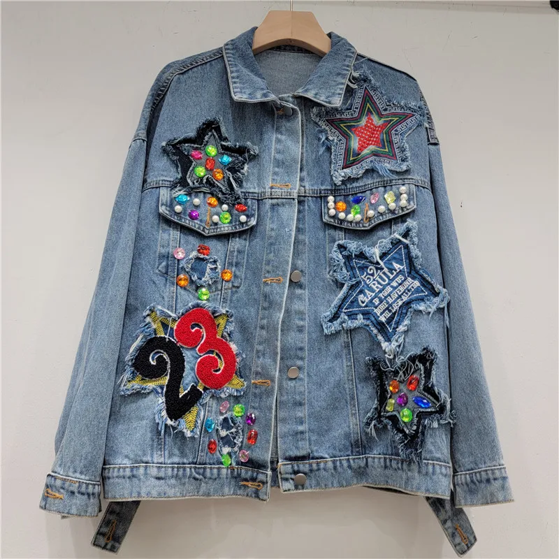 

Women's Denim Jacketwomen's 2023 Autumn/Winter New American Street Fashion Personality Five Point Star Patch Panel Heavy Work Ri