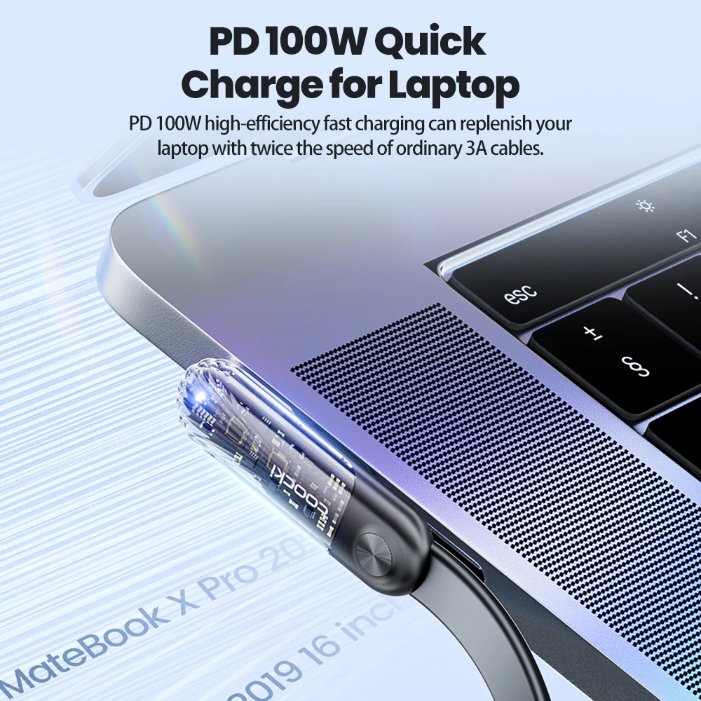 Toocki PD 100W Type C To Type C Cable 90 Degree For Huawei Mate50 P50 Xiaomi 12 Samsung S22 Applebook Matebook Transparent Cable