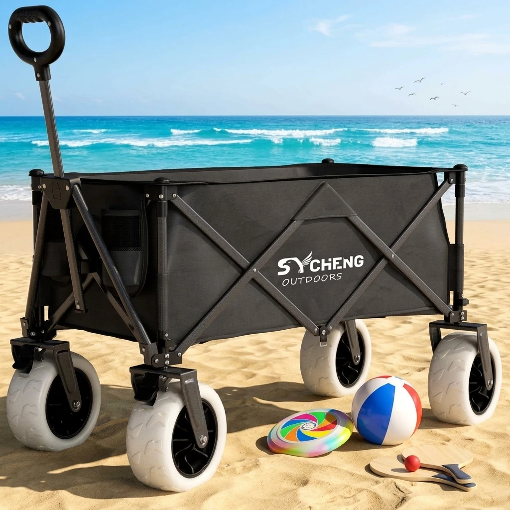 Outdoor Folding Camping Cart Four-Wheel Heavy Duty Wagon Gray Oxford Cloth Foldable Trolley Beach Cart OEM for Sand Use