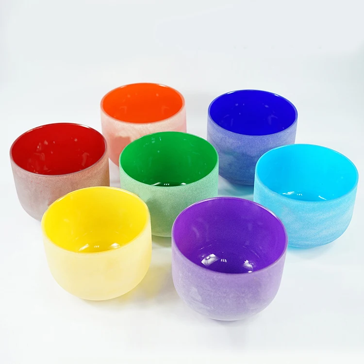 7-12 Inch Colored Chakra Frosted Quartz Crystal Singing Bowl Set 7 Pcs With Purple Canvas Carring Case 2 Pcs Suede Sticks Mallet