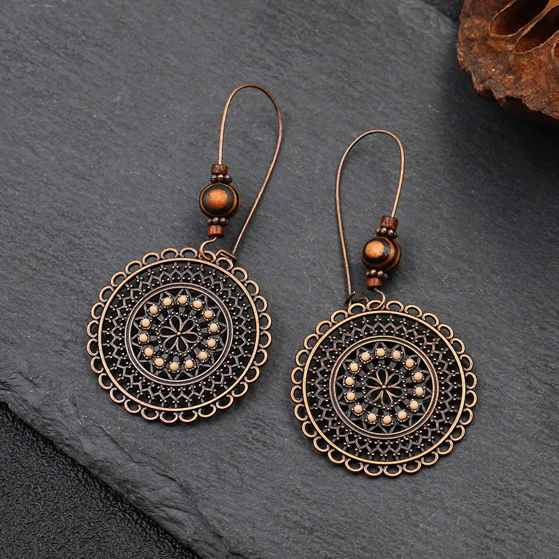 Vintage Ethnic Bohemian Drop Dangle Earrings For Women Wooden Tassel Pearl Beaded Geometric Leaf Flower Round Boho Earrings