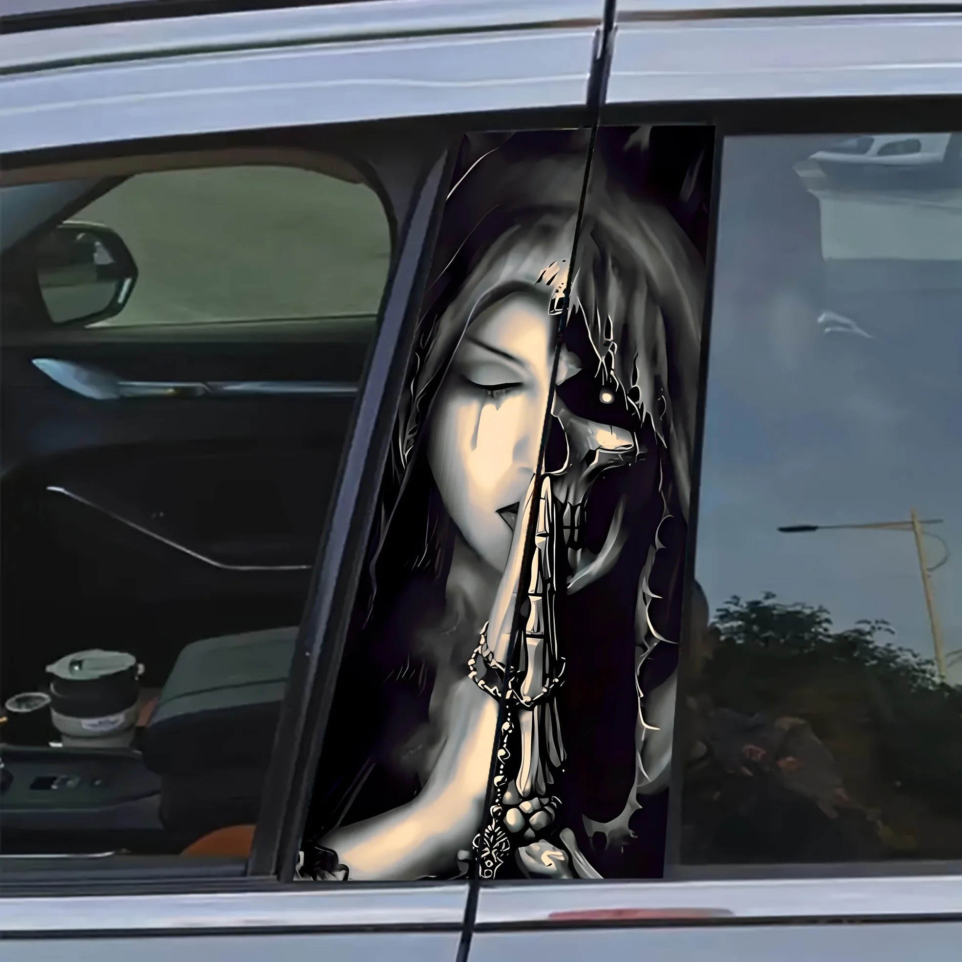 Pegatina de bruja de oración para coche, película protectora de Pilar B para vehículo con diseño de calavera, decoración de coche desechable, pegatina adhesiva de protección solar, 2 uds.