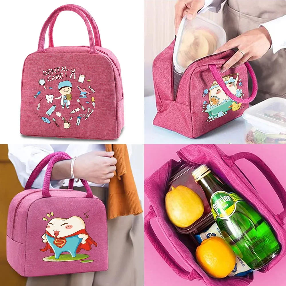 

Lunch Bag Handbag Women Lunch Thermal Organizer Kids Insulated Canvas Cooler Bags Teeth Print Zipper Waterproof Picnic Packet