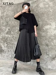 XITAO Black Two Piece Set Women Hlaf Sleeve Pullovet Top Elastic Wasit Pleated Mid Calf Skirt 2023 Irregular Style WLD9510