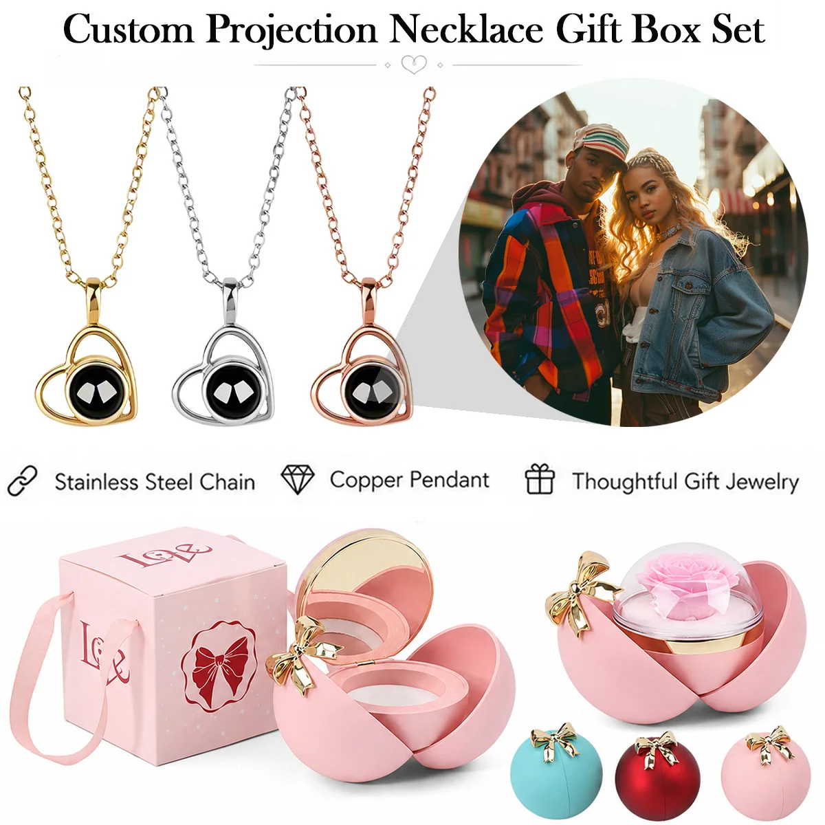 Custom Color Photo Projection Heart Necklace Spherical Bow Rose Gift Box Stainless Steel Chain Birthday Valentine's For Women
