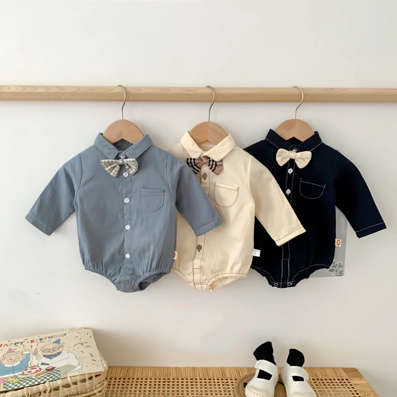 3-24 Months Baby Gentleman Bodysuit Long Sleeve Romper Bow Tie Romper Boys Fashion Clothes