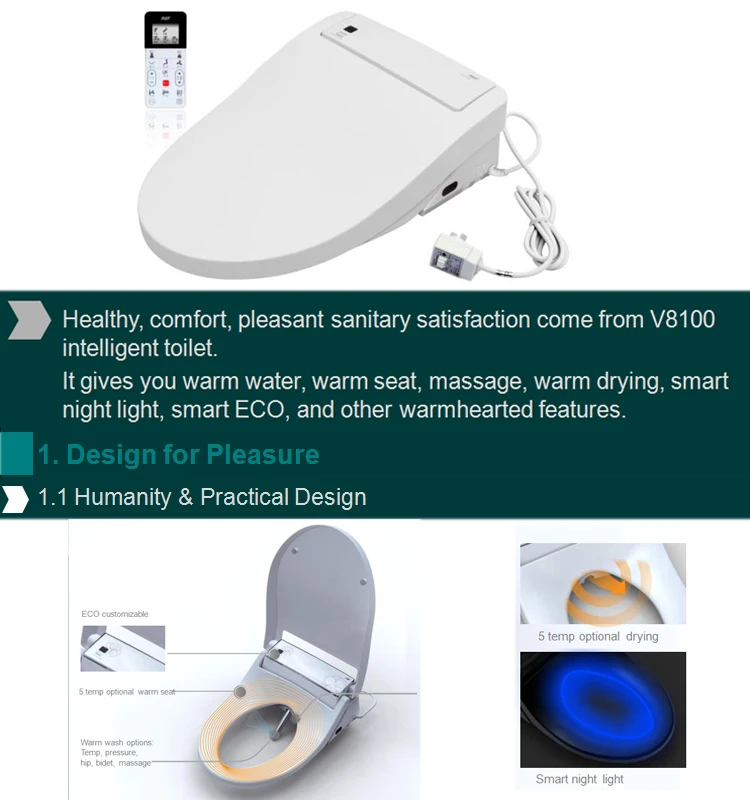 Europe standard bathroom plastic elongated open front automatic operation plastic smart intelligent toilet bidet seats cover wit