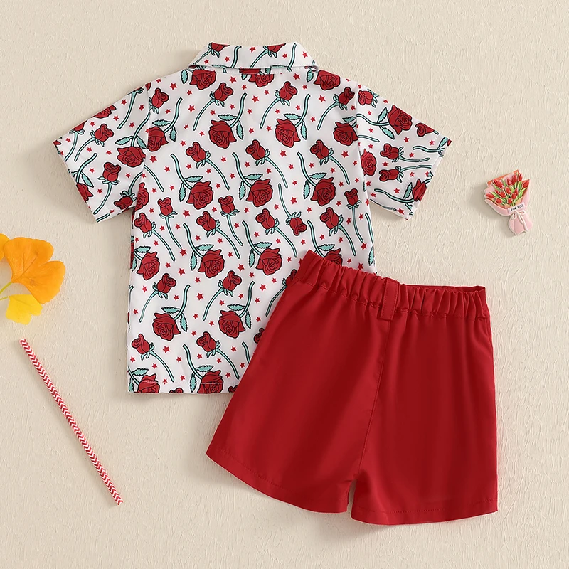 Toddler Kid Clothes Boy Valentine's Day Outfits Rose Print Button-up Lapel Neck Bow Tie Shirt Pockets Shorts Set