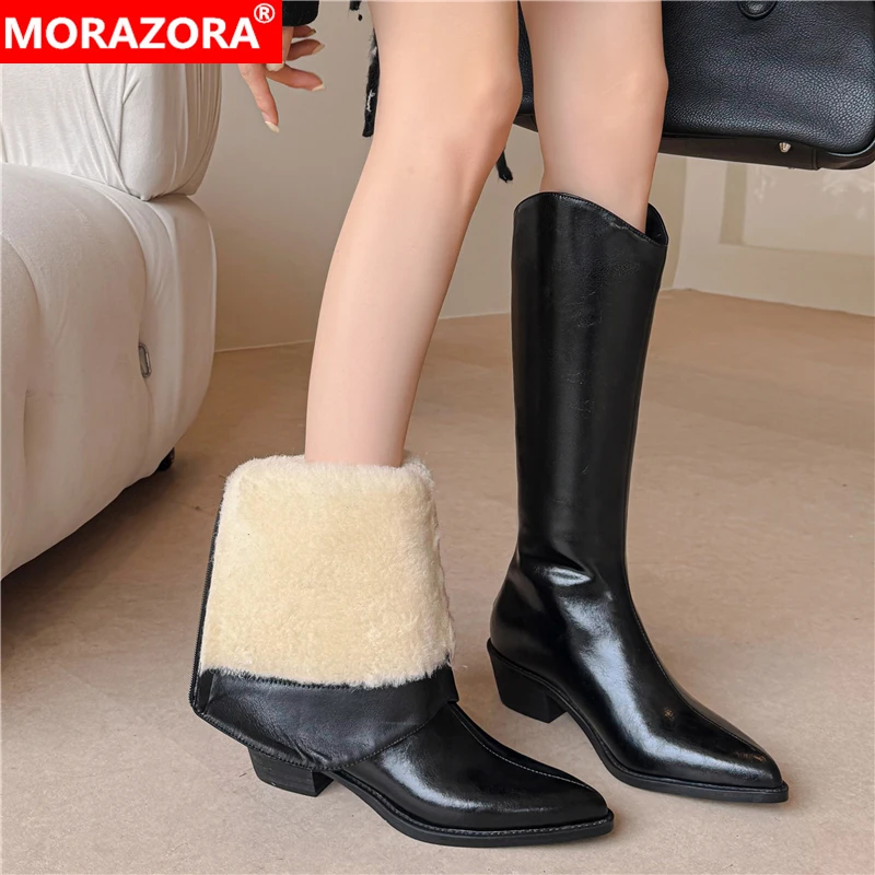 

MORAZORA 2026 NEW Genuine Leather Knee High Boots Women Pointed Toe Zipper Chunky Heels Warm Fur Winter Boots Snow Shoes