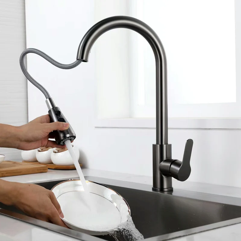 cdbm 304 Stainless Steel Pull‑Out Kitchen Faucet, Hot Cold Mix Water 360° Rotatable Sink Tap CFG‑008-6H