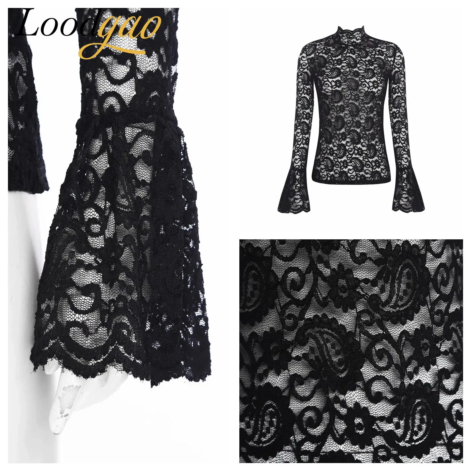 

Женские кружевные блузки, элегантные женские топы с расклешенными рукавами, воротник-стойка, Blusas, топ для взрослых, женская блузка с цветочным принтом в викторианском стиле, накидка