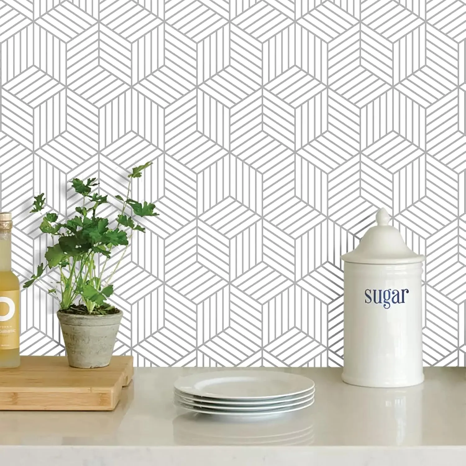 Geometric Peel and Stick Wallpaper White Silver Hexagon Self Adhesive Wall Paper Removable Contact Paper for Bedroom Living Room