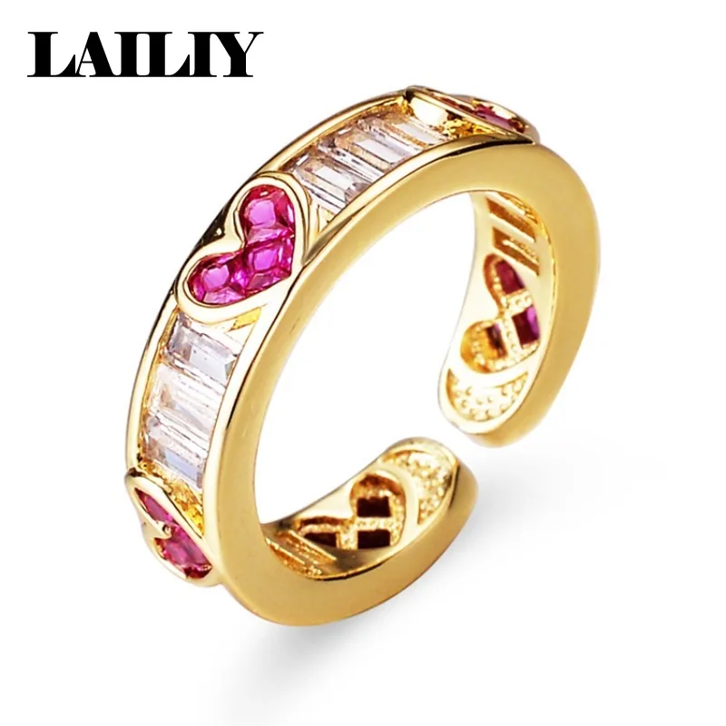 LAILIY 925 Sterling Silver 18K Gold Hot Selling Birthday Gift Colored Gemstone Heart  Adjustable Ring For Women Fashion Jewelry