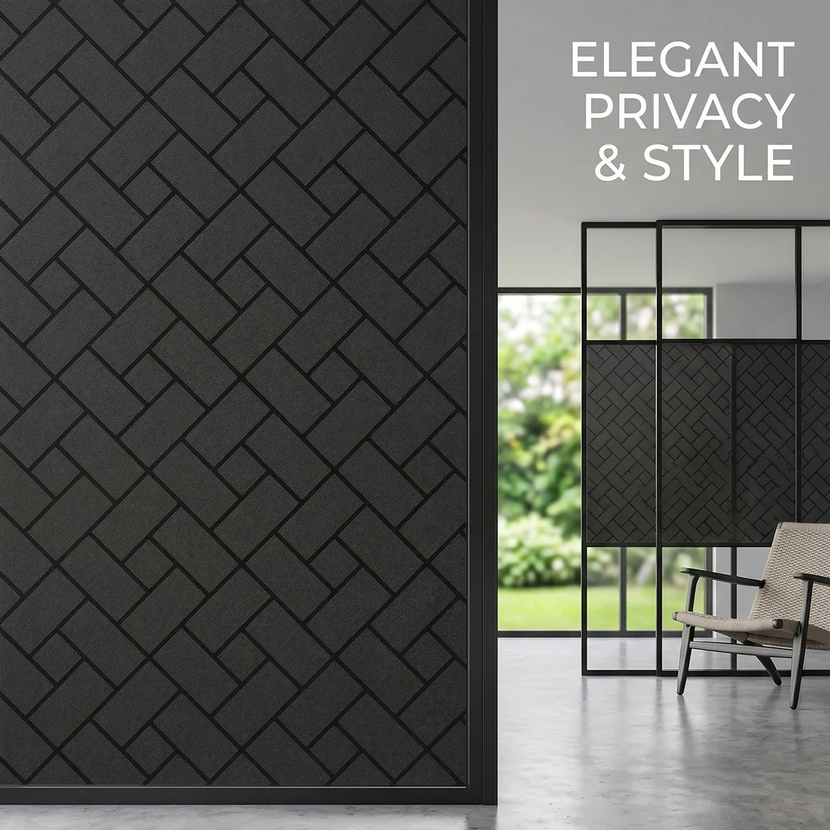 Black Herringbone Privacy Window Film Static Cling 100% Opaque UV Blocking Glass Sticker for Home Office