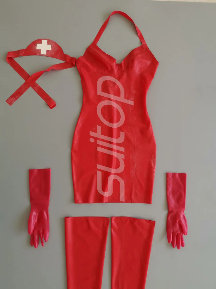 Women\'s latex nurse uniform in red (dress+stocking+cap+gloves)