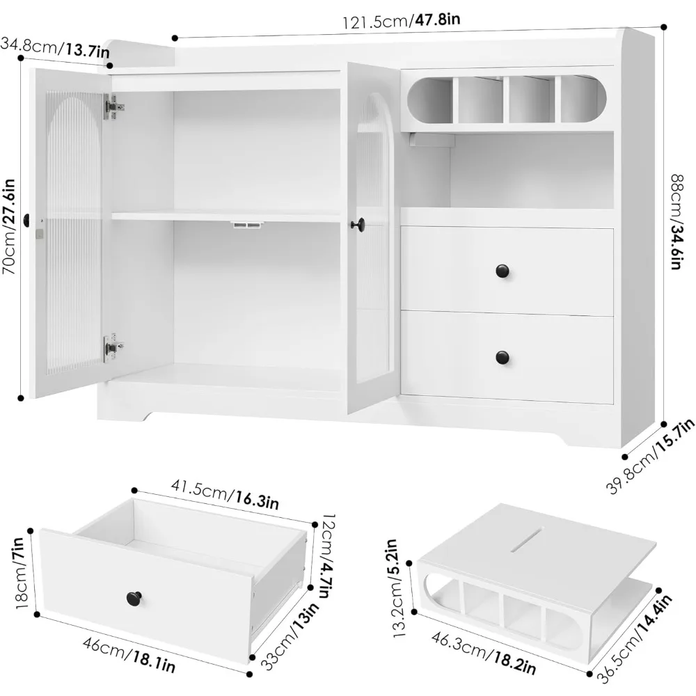 Buffet-Sideboard-Schrank mit Stauraum, Küchenbuffet-Aufbewahrungsschrank mit Schubladen, geriffelte Glastüren, Buffett-Tisch, Kaffeebar