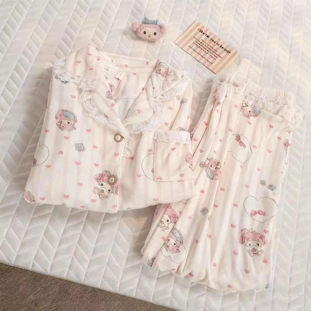 

2Pcs Anime Sanrio Melody Women's Pajama Set Kawaii Cartoon Autumn Lace Lapel Warm Pajama Long Sleeve Pants Student Homewear Gift