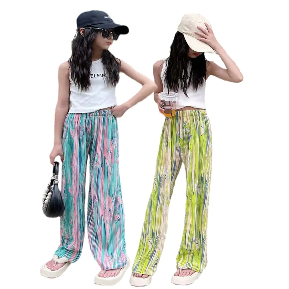 

2 Piece Set Teen Girls Clothing Young Children Sleeveless Tops Loose Tie Dye Pleated Wide Leg Pants Boutique Kids Summer Outfits