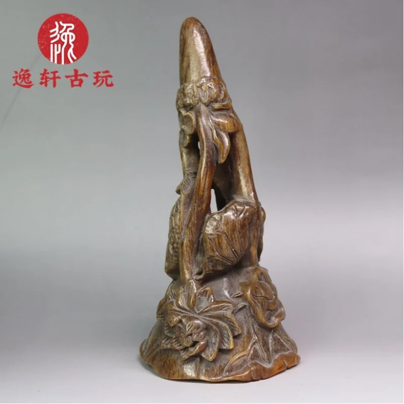 Antique collectible carving with hollowed-out lotus design, sharp-horned decorative , yak horn product, single item