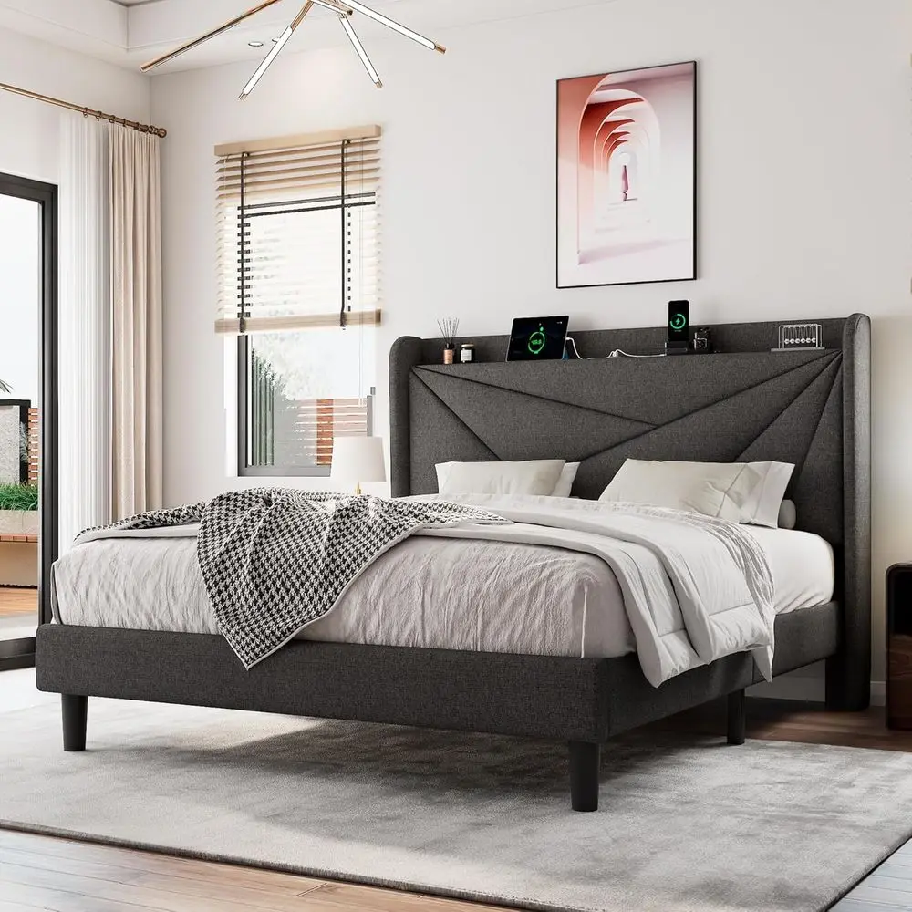 

Gray Upholstered Platform Bed with Charging Station, Storage & Solid Wood Slat Support, No Box Spring Required