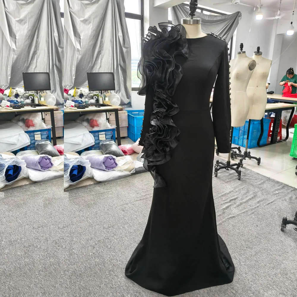 

Customized Real Picture Ruffles Mermaid Dresses O Neck Full Sleeve with Button Formal Gown Crepe Satin Wedding Party Dress