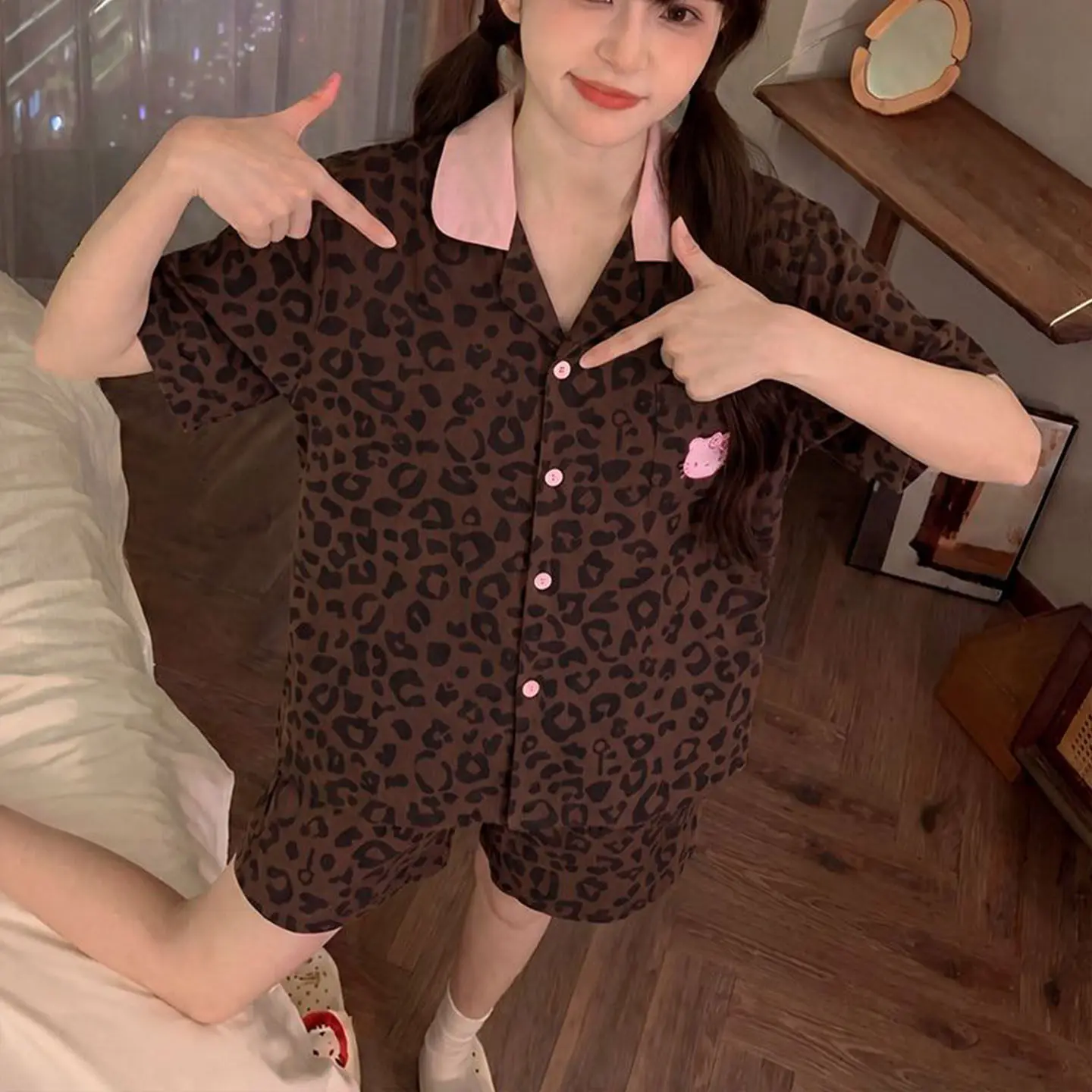 Cute Hello Kitty Women's Leopard Print Pajamas Set Summer Sleepwear Loungewear Short Sleeve Shorts Button Down Soft Kawaii Cozy view 6