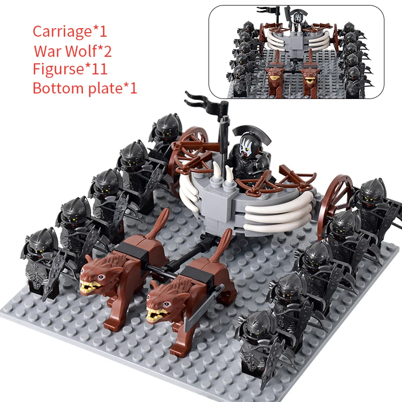 MOC Medieval Figures Orc Soldiers Raider Vargr Wolf Chariot Orcus Uruk-hai Knights Building Blocks Bricks Kids Toys gifts