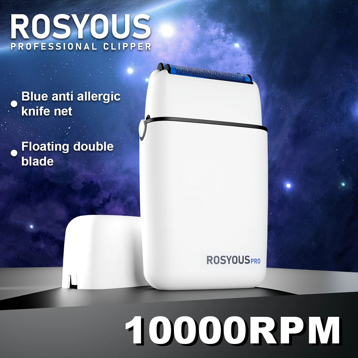 

ROSYOUS RS620 Профессиональная парикмахерская бритва 10000 об/мин, двойная фольга, синий гипоаллергенный нож, сетка, триммер для бороды, машина для стрижки волос