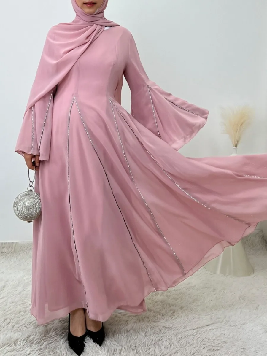 Eid Abito da donna Musulmano in chiffon Abaya Manica svasata Party Jalabiya Ramadan Abiti Largos Caftano Arabo Abito lungo Marocco Caftano