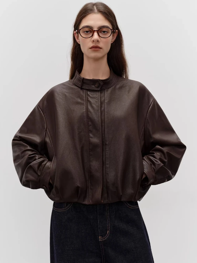 

Casual Short Genuine Leather Jackets for Women Spring Autumn High-end Simple Stand Collar Loose Solid Soft Real Sheepskin Coat