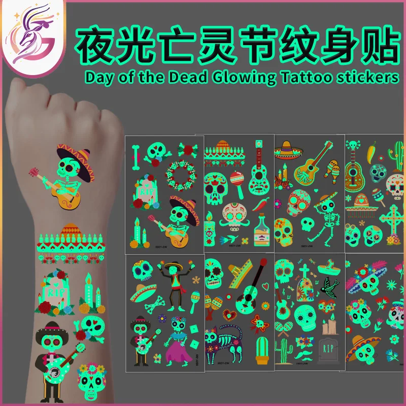 

Светящаяся татуировка-наклейка «День мертвых», водостойкая милая детская мультяшная вечеринка, одноразовая временная наклейка «День мертвых»