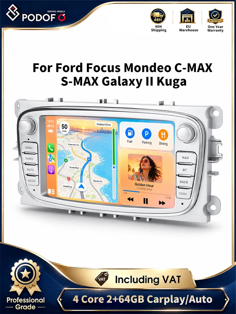 Podofo, radio samochodowe z systemem Android 13, podwójny format DIN, 7-calowy ekran dotykowy, 2 GB pamięci RAM + 64 GB pamięci wewnętrznej, nawigacja GPS, Wi-Fi, Bluetooth, FM, RDS, odtwarzacz muzyki — 2