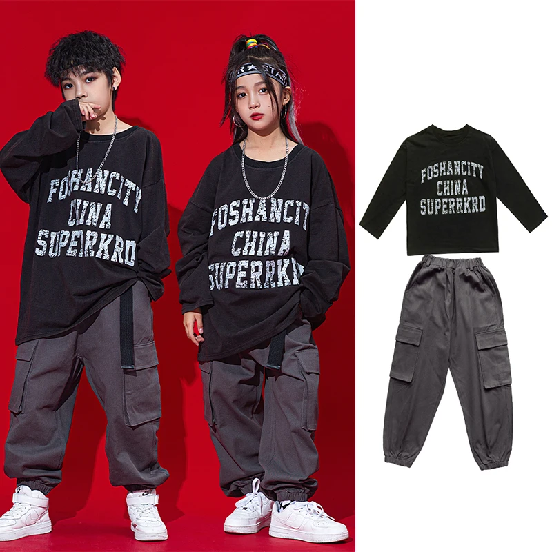 ジャズ2022-ヒップホップダンス服,子供向けのルーズな長袖トップス,カーゴパンツ,ダンスパフォーマンス衣装