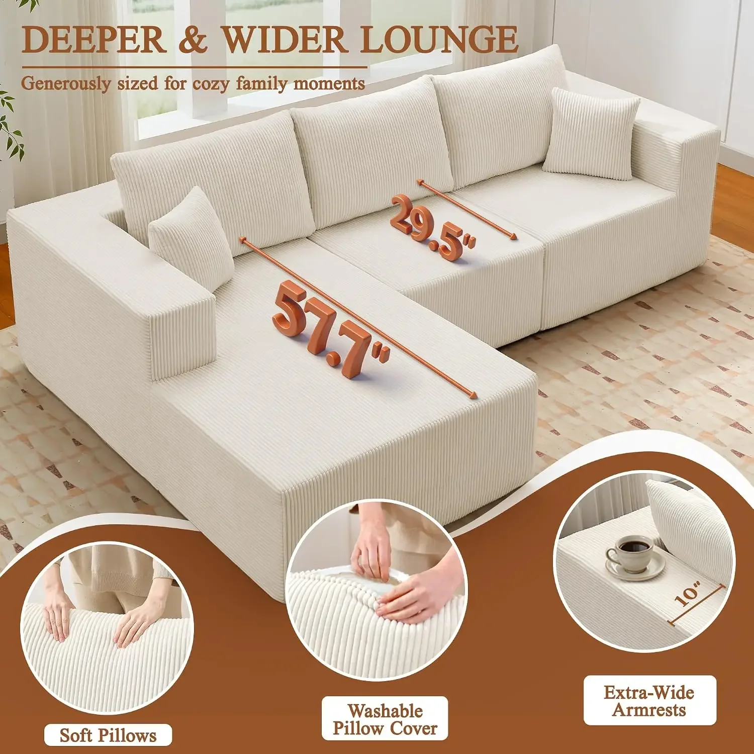 L Shaped Corduroy Couch 108 Inch Chaise Sectional Beige Memory Foam Deep Seat Sofa