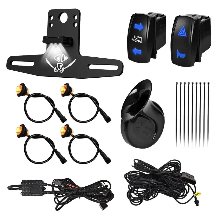 

Turn Signal Kit and License Plate Bracket with light, PreWired, Plug and Play with Horn and Rocker Switch, Compatible with Polar