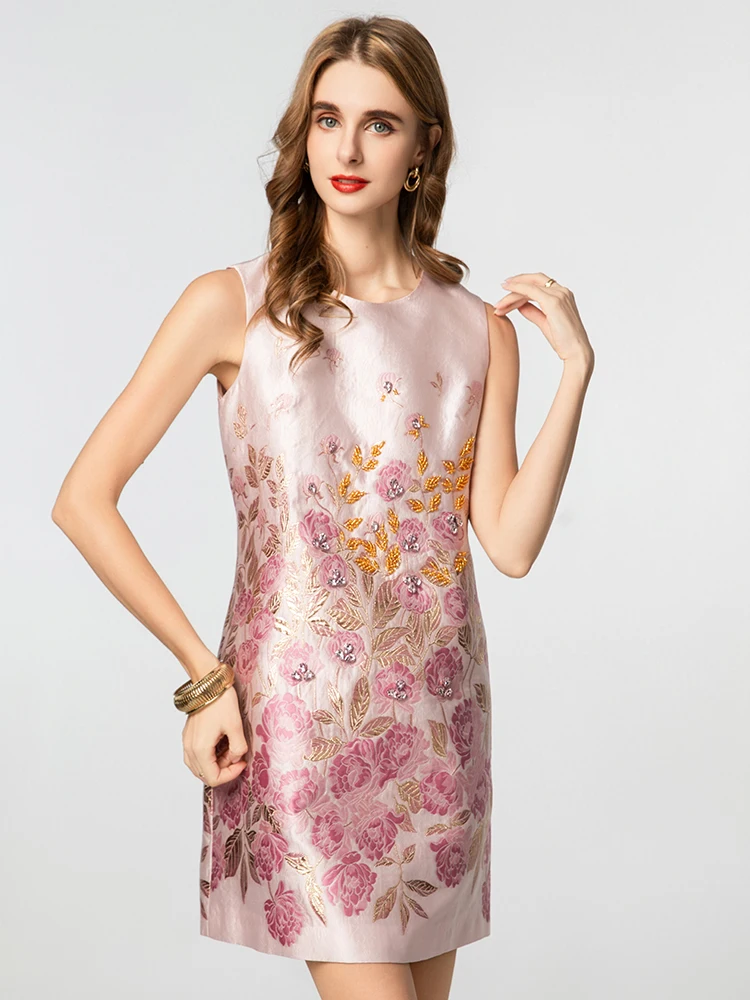 DSFACAIRIJ ผู้หญิงคริสตัลประดับด้วยลูกปัด Jacquard ชุดมินิ O-คอ Vintage เสื้อกั๊กแฟชั่นฤดูร้อนสําหรับหญิง