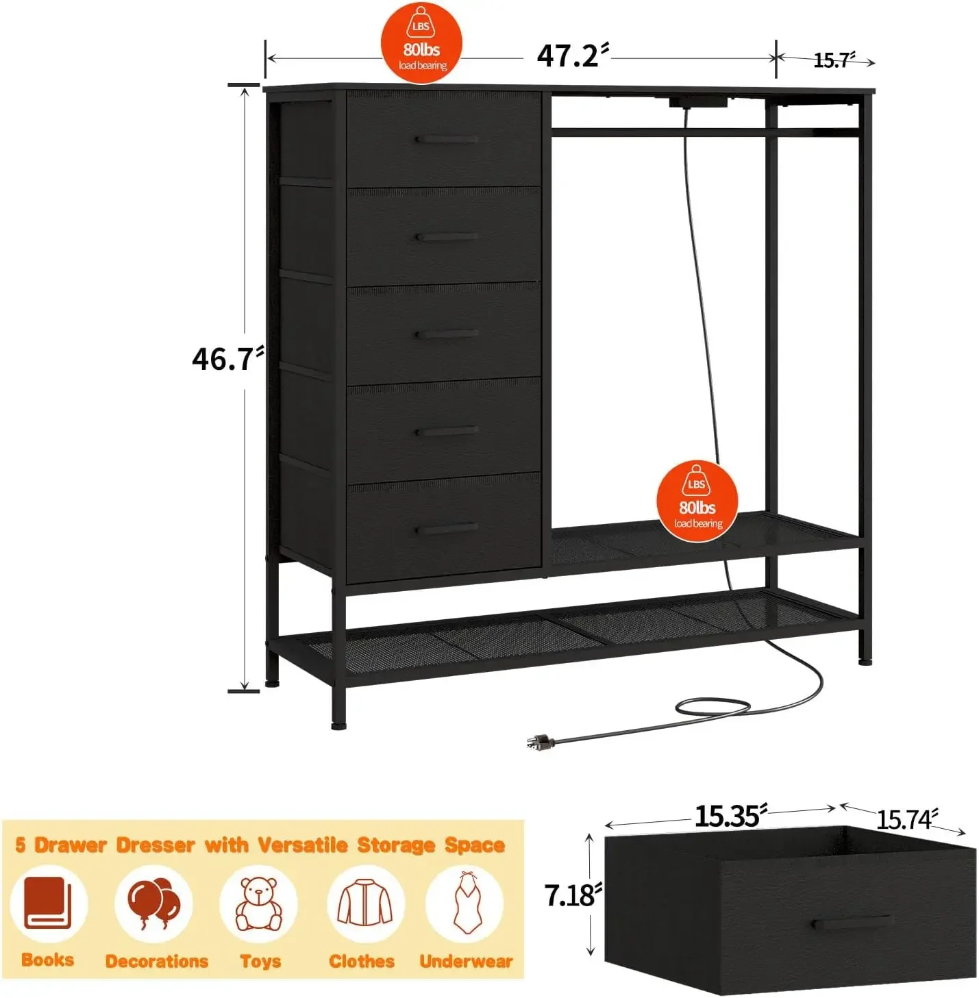 for Bedroom, Dresser with Hanging Rack Led Lights and Charging Station, Black Bedroom Dresser with 5 Fabric Chest of Dra