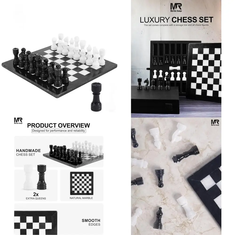 

12 Handcrafted Marble Chess Set for Adults: Black & White Board Game with 32 Pieces, 2 Bonus Queens, and Storage Box