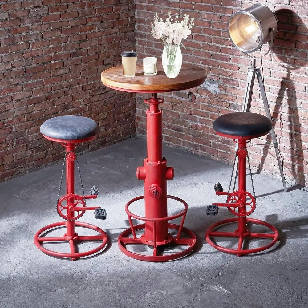 

Retro Round Pub Table Set with 2 Antique Red Height-Adjustable Stools