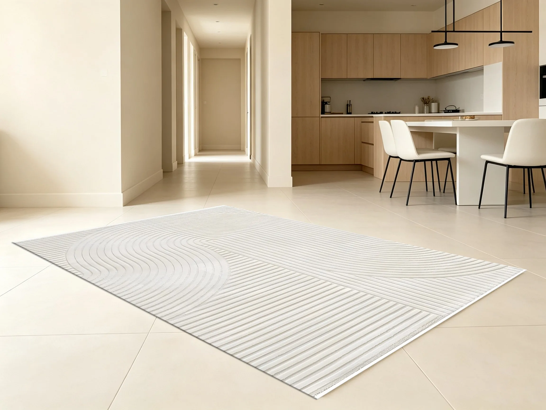Velvet Rug Creamy White Geometric Curved Line Minimalist Wabi Sabi Style for Living Room Bedroom Decor