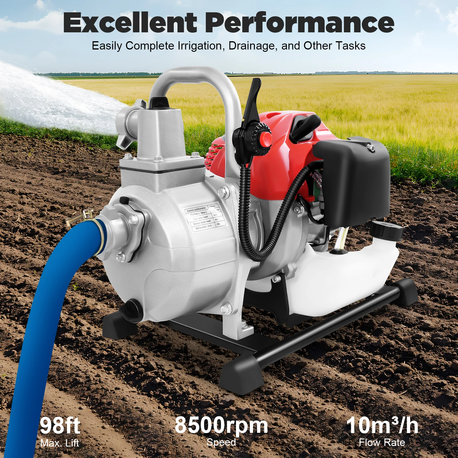 Portable  2-Stroke Gasoline Water Transfer Pump, 1 Inch 1250W 26ft Suction Height with 2m Inlet Pipe for Garden/Farm/Irrigation